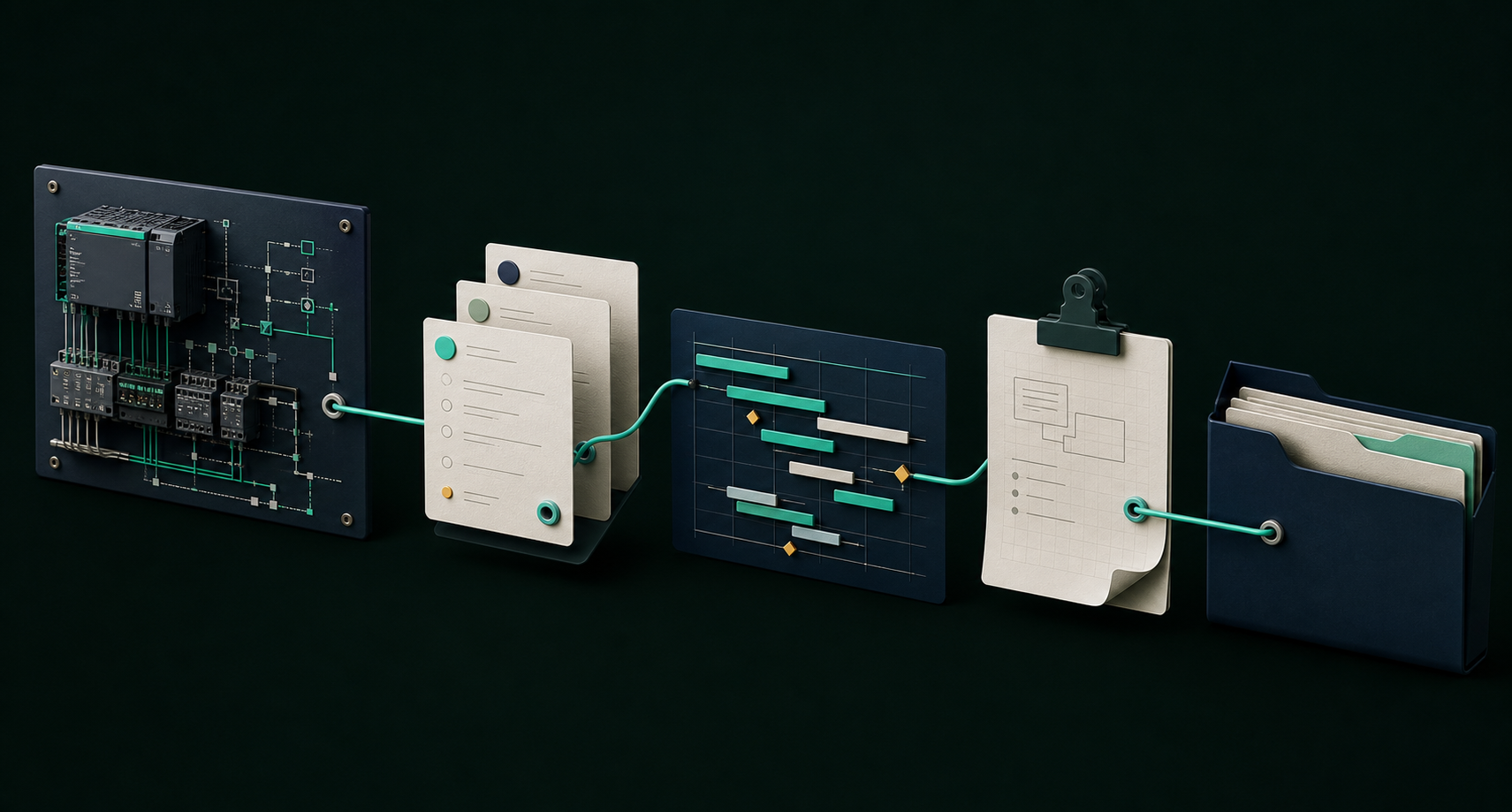 An abstract BMS controls panel connected to tasks, a Gantt timeline, notes and files