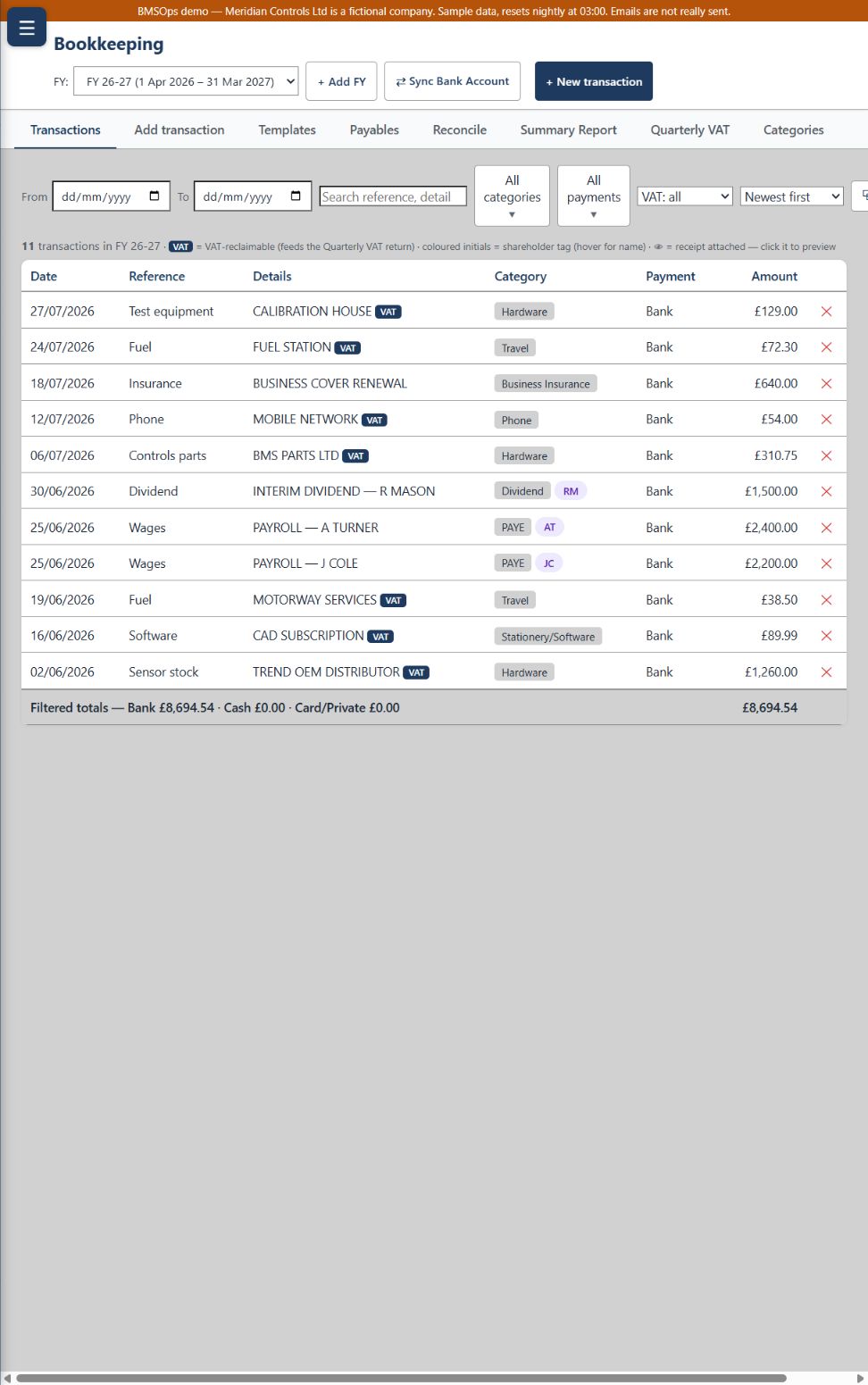 BMSOps bookkeeping transaction list with VAT tags and categories