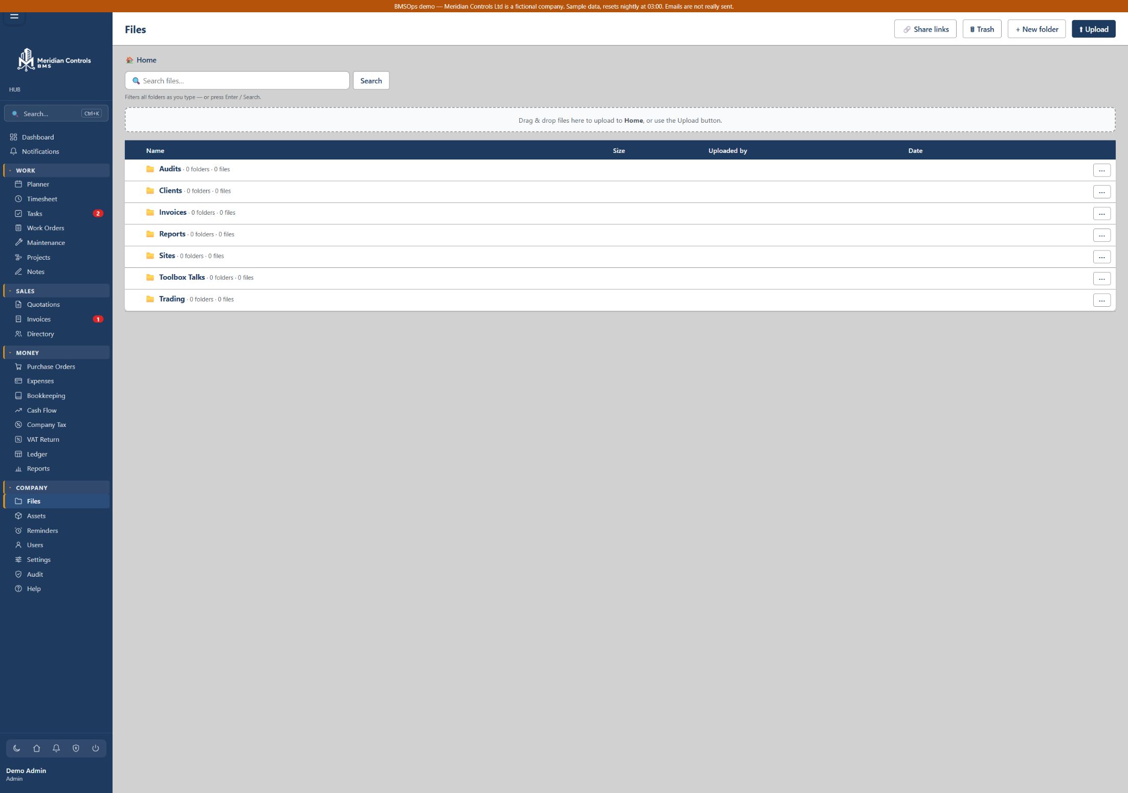 BMSOps Files with folders, search, upload, share links and trash