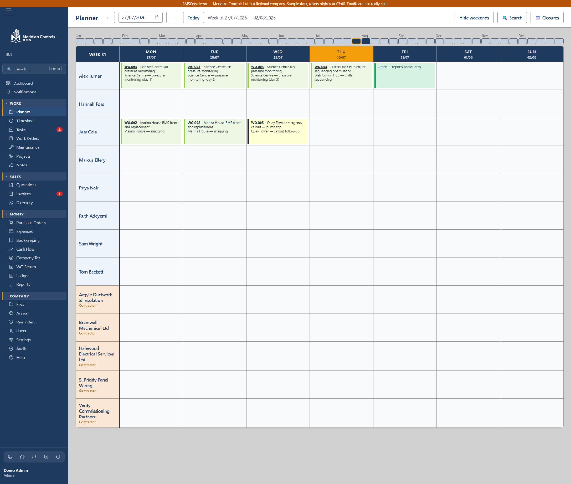 BMSOps planner with engineers, contractor rows and scheduled work