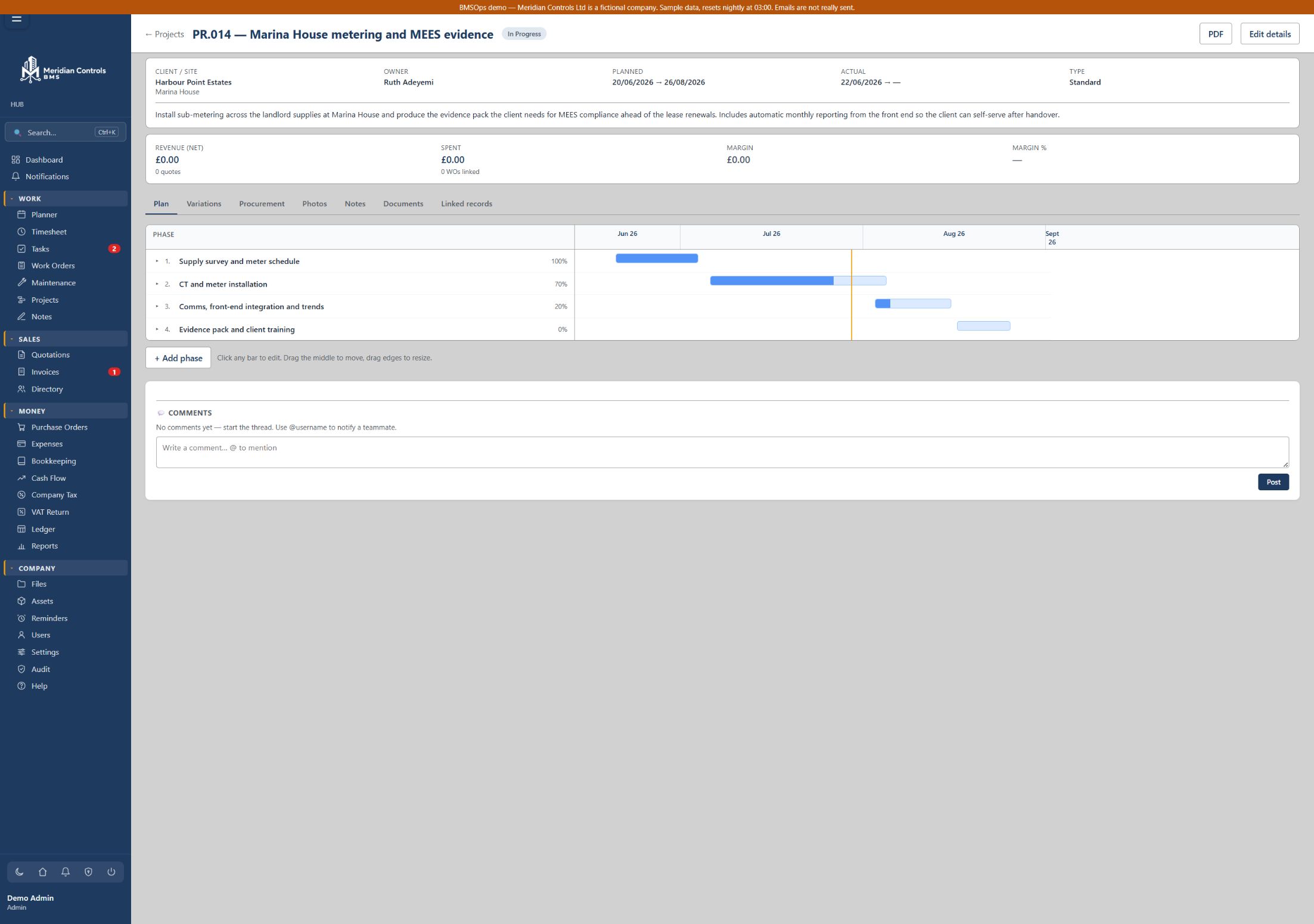 BMSOps project page showing an interactive Gantt chart and phase progress