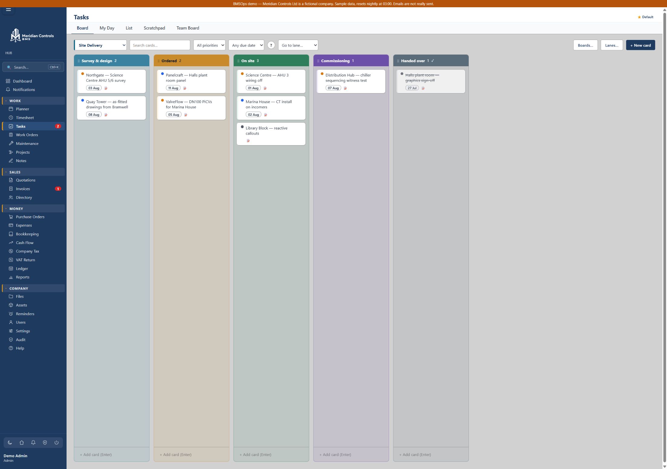 BMSOps task board with delivery lanes, priorities and due dates