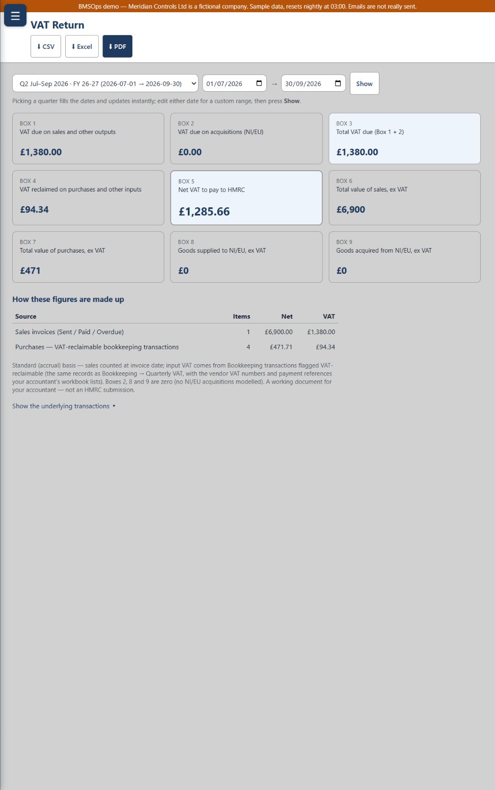 BMSOps VAT working paper showing all nine VAT boxes